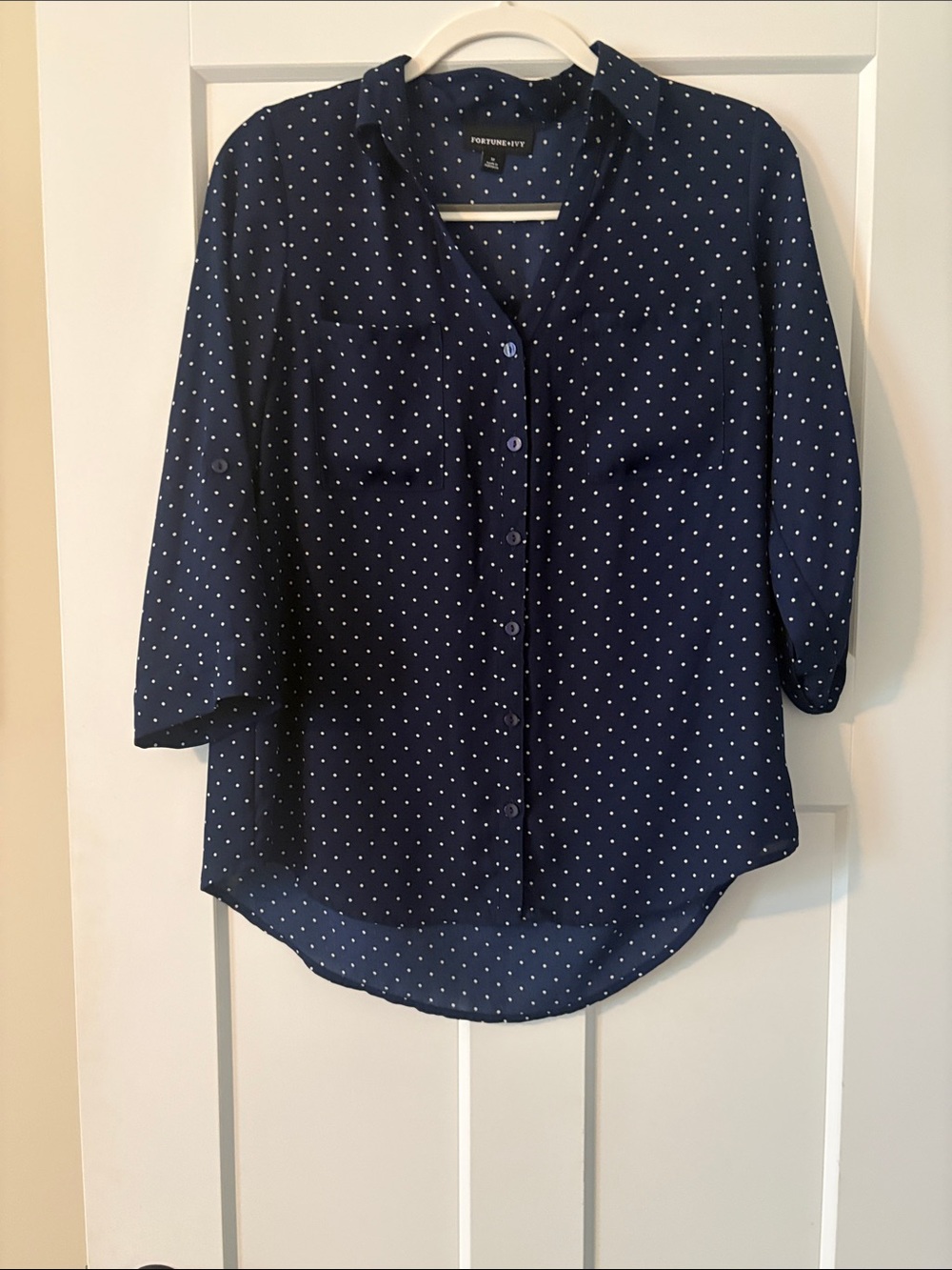 Fortune Ivy Navy Polka Dot Button-Front Shirt